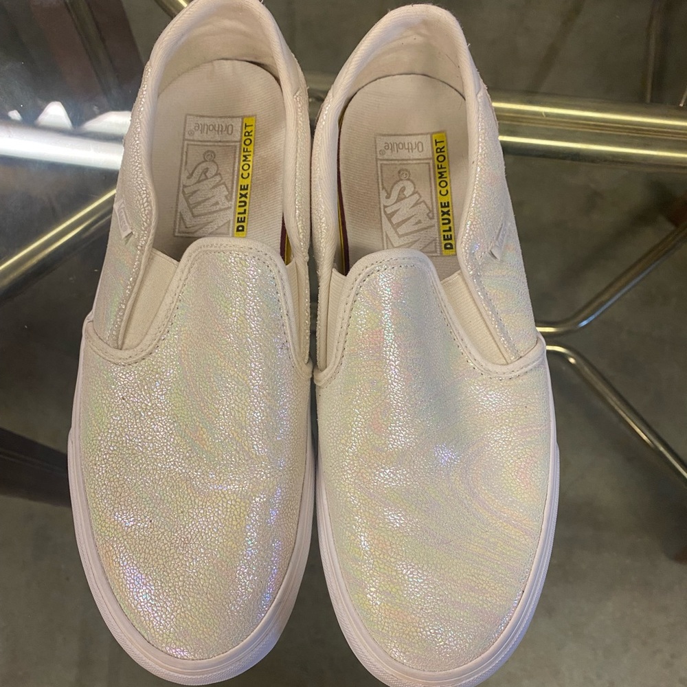 Slip on vans, woman’s iridescent marbled design